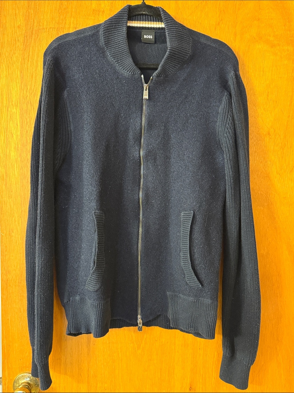 Boss Men's Dark Navy Full-Zip Cotton and Virgin Wool Knit Sweater